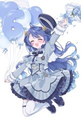 Rule 34 | 1girl, :d, ^ ^, absurdres, amamiya kokoro, amamiya kokoro (1st costume), anniversary, arm up, balloon, black hat, black shoes, blue bow, blue bowtie, blue dress, blue hair, blush, bouquet, bow, bowtie, closed eyes, commentary, dress, flower, frilled dress, frilled sleeves, frills, full body, hat, highres, holding, holding balloon, holding bouquet, long hair, long sleeves, mugichoco, nijisanji, number balloon, open mouth, outstretched arm, parted bangs, shoes, simple background, smile, solo, thighhighs, virtual youtuber, white background, white thighhighs