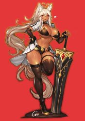 1girl absurdres animal_ears belt black_thighhighs breasts choker cleavage collar commission curvy dark-skinned_female dark_skin elbow_gloves gloves gurimjang hand_on_own_hip heart high_heels highres huge_weapon jacket knee_up large_breasts legs_together looking_to_the_side multicolored_hair navel one_eye_closed open_clothes open_jacket original pixiv_commission planted planted_sword planted_weapon revealing_clothes shiny_skin smile solo standing standing_on_one_leg sword tan thick_thighs thigh_strap thighhighs thighs warrior weapon white_hair wide_hips