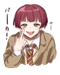 brown_jacket green_eyes hand_up highres jacket long_hair long_sleeves looking_at_viewer middle_finger necktie open_mouth red_hair shinomiya_kei shirt simple_background smile striped_necktie tomodachi_game tongue user_skkf5485 white_background white_shirt