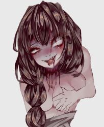 ahegao akari_oborodzuka blood blood_on_face brown_hair grabbing_from_behind grope guro hatsune_miku kimono_down mai_shishikusa masa_works_design onibi onibi_series open_mouth red_eyes sharp_teeth teeth tongue tongue_out vocaloid yuri