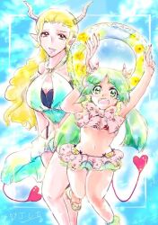 1girl bad_tag blush breasts clara_valac colored_eyelashes completely_nude demon demon_girl demon_horns demon_tail elizabetta_ix embarrassed eyelashes female female_focus green_eyes green_hair heart heart_tail horns hthegreat ix_elizabetta long_hair mairimashita!_iruma-kun medium_breasts nipples nude standing tail valac_clara