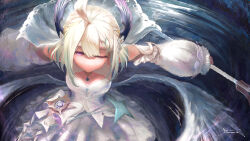1girl ahoge blonde_hair blue_hair braid breasts detached_sleeves dreamoon-q dress enna_alouette enna_alouette_(2nd_costume) feathered_wings flower from_above gradient_hair hair_between_eyes hair_flower hair_ornament half-closed_eye head_wings head_wreath highres holding holding_staff looking_at_viewer low_wings medium_hair multicolored_hair nijisanji nijisanji_en official_alternate_costume one_eye_closed pleated_dress puffy_sleeves purple_eyes purple_wings solo staff virtual_youtuber white_dress wings