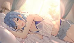1girl :d backlighting bare_shoulders bed_sheet blue_eyes blue_hair blush bra breasts camisole cleavage clothes_pull desk_lamp dolphin_shorts envyvanity grey_shorts heart hololive hoshimachi_suisei lamp long_hair looking_at_viewer lying navel on_bed on_side open_mouth panties panty_peek pillow purple_bra purple_panties see-through_clothes short_shorts shorts shorts_pull small_breasts smile solo stomach teeth translated underwear upper_teeth_only virtual_youtuber