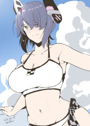 1girl artist_name bare_shoulders bikini breasts cleavage closed_mouth cloud dated day eyepatch folded_ponytail headgear highres kantai_collection large_breasts navel official_alternate_costume one-hour_drawing_challenge purple_hair short_hair sky smile solo swimsuit taira_yuuki tenryuu_(kancolle) tenryuu_(swimsuit)_(kancolle) upper_body white_bikini yellow_eyes