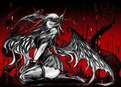 1girl ass between_legs black_background breasts chengzilong8 curly_hair demon_girl gloves greyscale_with_colored_background hair_over_one_eye hand_between_legs head_wings high_heels highres koakuma looking_at_viewer medium_breasts medium_hair monster_girl red_background sharp_teeth sitting skirt slit_pupils solo teeth tentacles thighhighs touhou wings