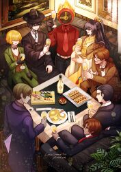 1other 6+boys absurdres alcohol anniversary arthropod_limbs beard_stubble belt black_eyes black_gloves black_hair black_hanbok black_pants black_suit blonde_hair brown_hair brown_suit brown_vest champagne closed_eyes coat collared_shirt cookie couch cup dante_(limbus_company) dark-skinned_male dark_skin drinking_glass facial_hair food fork formal_clothes fur_coat fur_collar gat_(hat) glasses gloves gredell_elle green_coat green_pants gregor_(project_moon) grey_hair hair_between_eyes hair_ornament hair_slicked_back hanbok hat heathcliff_(project_moon) high_ponytail highres hong_lu_(project_moon) knife limbus_company low_ponytail meursault_(project_moon) multiple_boys object_head painting_(object) pancake_nun_(diva) pants plant plate ponytail project_moon purple_coat red_eyes red_shirt scar scar_on_face shirt short_hair sinclair_(project_moon) smile soup stubble suit sushi vergilius_(project_moon) vest white_shirt wine_glass yellow_eyes yi_sang_(project_moon)