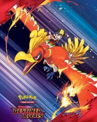 1boy bird black_hair black_hat clenched_hand commentary ethan_(pokemon) fire gen_2_pokemon grey_eyes hat highres ho-oh jacket legendary_pokemon long_sleeves male_focus nintendo official_art open_mouth pointing pokegear pokemon pokemon_(creature) pokemon_hgss pokemon_tcg red_jacket shoes short_hair strap