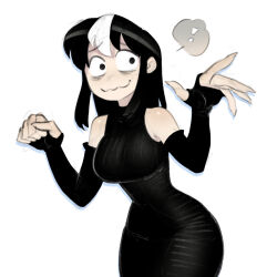 1girl bags_under_eyes black_dress black_hair breasts closed_mouth commentary cowboy_shot detached_sleeves dress english_commentary large_breasts long_hair noss_&amp;_zakuro noss_(rariatto) psuede ribbed_dress sanpaku sidelocks simple_background sleeveless sleeveless_dress solo wavy_mouth white_background white_hair