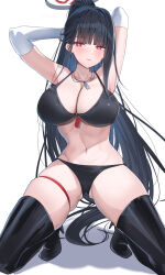 1girl armpits arms_up ass black_boots black_panties blue_archive blunt_bangs blush boots breasts cleavage closed_mouth elbow_gloves gloves gluteal_fold halo highres jewelry kneeling large_breasts long_hair looking_at_viewer navel necklace panties ponytail red_eyes rio_(blue_archive) shougun_(chuckni1) simple_background skindentation solo squatting stomach thigh_boots thigh_strap thighs underwear white_background white_gloves
