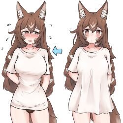 absurdres animal_ears arms_behind_back arrow_(symbol) bare_legs blush brown_eyes brown_hair brown_panties closed_mouth commission cropped_legs fox_ears fox_girl fox_tail half-closed_eyes highres indie_virtual_youtuber liyonoko_(vtuber) long_hair looking_at_viewer meme open_mouth pajamas_challenge_(meme) panties shirt shirt_tug simple_background tail thighs underwear white_background white_shirt yuusachii