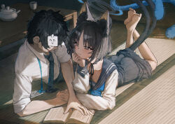 1boy 1girl animal_ear_fluff animal_ears barefoot betabeet black_eyes black_hair black_necktie black_ribbon black_sailor_collar black_skirt blue_archive blue_neckerchief blush book cat_ears cat_girl cat_tail closed_mouth commentary cup highres indoors kikyou_(blue_archive) lanyard looking_at_another lying multiple_tails neck_ribbon neckerchief necktie on_stomach open_book ribbon sailor_collar school_uniform sensei_(blue_archive) serafuku shirt skirt sleeves_rolled_up soles tail tatami teapot tes two_tails white_shirt