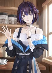 1girl absurdres ahoge belt belt_buckle black_hair black_jacket blue_hair bracelet buckle clothes_down commentary_request cup dhbwinner double-parted_bangs dress earrings grey_eyes hair_ribbon half_updo hands_up highres indie_virtual_youtuber indoors jacket jewelry layered_dress lips long_sleeves looking_at_viewer mole mole_under_eye multicolored_hair necklace off_shoulder open_hand open_mouth overalls partially_unzipped quilted_jacket ribbon short_hair smile solo spaghetti_strap streaked_hair teacup virtual_youtuber waving white_belt yubari_rei