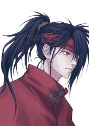 Rule 34 | 1boy, alternate hairstyle, belt buckle, black hair, buckle, cloak, closed mouth, commentary, final fantasy, final fantasy vii, hair between eyes, headband, high ponytail, highres, long hair, male focus, ponytail, red cloak, red eyes, red headband, roco pic, single sidelock, solo, symbol-only commentary, twitter username, upper body, vincent valentine, white background