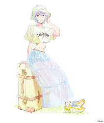 1girl arm_support ayanami_rei bare_legs blue_hair casual full_body hat highres light_smile long_hair looking_at_viewer neon_genesis_evangelion official_art red_eyes see-through_clothes see-through_skirt shoes short_hair simple_background sitting skirt sneakers solo thighs wide_hips