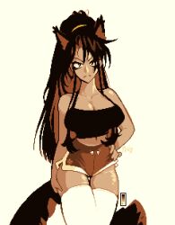 1girl absurdres animal_ears black_camisole breasts brown_hair camisole cat_ears cat_tail cleavage cowboy_shot dark-skinned_female dark_skin hand_on_own_hip highres large_breasts long_hair looking_at_viewer original pixel_art ponytail pxlfrug short_shorts shorts tail thighhighs white_thighhighs