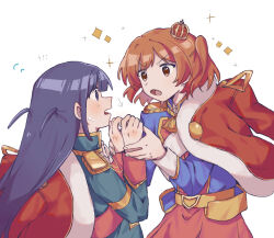 Rule 34 | !?, 2girls, @ @, aijou karen, belt, belt buckle, blue jacket, blush, brown eyes, brown hair, buckle, chinese commentary, commentary request, cowboy shot, crown, epaulettes, eye contact, flying sweatdrops, fur-trimmed jacket, fur trim, green jacket, hand grab, hands up, highres, jacket, jacket on shoulders, long hair, looking at another, mini crown, multicolored jacket, multiple girls, open mouth, profile, purple eyes, purple hair, red jacket, red sash, red skirt, rei931218, sash, short hair, shoujo kageki revue starlight, shoulder sash, simple background, skirt, sparkle, standing, sweatdrop, tassel, tilted headwear, tsuyuzaki mahiru, two side up, v-shaped eyebrows, wavy mouth, white background, white sash, yellow belt