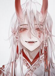 Rule 34 | 1boy, :d, absurdres, bishounen, earrings, facepaint, fangs, fangs out, grey background, hair between eyes, highres, horns, japanese clothes, jewelry, kimono, long hair, looking at viewer, male focus, oni, open mouth, original, pointy ears, portrait, red eyes, red horns, simple background, slit pupils, smile, solo, tassel, tassel earrings, teeth, upper body, white background, white hair, white kimono, young57440489