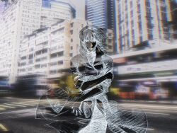 Rule 34 | 1girl, absurdres, aizheajsee, blurry, blurry background, building, city, coat, ghost in the shell, highres, looking at viewer, medium hair, road, solo, straight-on, street, trench coat