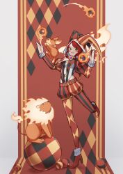 1girl :d absurdres ball belt checkered_clothes full_body green_eyes hat high_heels highres jester jester_cap jester_costume juggling lion looking_at_viewer maplestory open_mouth oz_(maplestory) pantyhose pointy_footwear puffy_sleeves rabbit red_hair shorts smile standing standing_on_one_leg striped_clothes teeth upper_teeth_only zhuoken