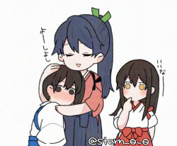 2girls aged_down akagi_(kancolle) black_hair black_hakama brown_eyes brown_hair closed_eyes hakama hakama_short_skirt hakama_skirt houshou_(kancolle) hug japanese_clothes kaga_(kancolle) kantai_collection kimono motherly multiple_girls pink_kimono side_ponytail simple_background skirt tasuki twitter_username white_background yoichi_(umagoya)