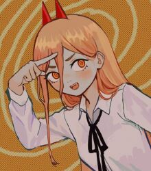 1girl black_ribbon blush brown_hair chainsaw_man collared_shirt cross-shaped_pupils halftone halftone_background horns io_(onisarashi) long_hair looking_at_viewer open_mouth orange_eyes pointing pointing_at_self power_(chainsaw_man) red_horns ribbon sharp_teeth shirt smile solo spiral symbol-shaped_pupils teeth white_shirt