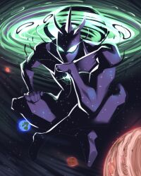 Rule 34 | 1boy, afdsbm, alien, alien x (ben 10), ben 10, ben 10: alien force, commentary, crossed legs, earth (planet), english commentary, floating, galaxy, giant, glowing, glowing eyes, green eyes, highres, looking at viewer, male focus, no humans, planet, sitting, sky, solo, space, star (sky), starry sky