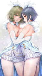 2girls asymmetrical_docking backless_dress backless_outfit bare_shoulders black_hair blush breast_press breasts clothes_pull covered_navel dress dress_pull elbow_gloves feather_boa feather_hair_ornament feathers gloves green_eyes green_hair hair_ornament hayami_kanade highres idolmaster idolmaster_cinderella_girls large_breasts looking_at_viewer medium_breasts medium_hair mk_(mod0) mole mole_under_eye multiple_girls nipples open_mouth panties pantyhose purple_dress simple_background takagaki_kaede thighband_pantyhose underwear white_background white_gloves white_panties white_pantyhose yellow_eyes yuri