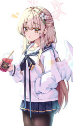 1girl absurdres angel_wings black_pantyhose blonde_hair blue_archive blue_skirt breasts commentary drink feathered_wings flower hair_between_eyes hair_flower hair_ornament halo highres holding holding_drink long_hair long_sleeves looking_at_viewer nagisa_(blue_archive) natie pantyhose pleated_skirt sidelocks simple_background skirt solo white_background white_wings wings yellow_eyes