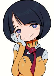 1girl beeru_(veil8801) black_hair blue_eyes blush bob_cut breasts earth_federation gloves gundam gundam_gquuuuuux hand_on_own_face highres looking_at_viewer mecha_pilot_suit portrait red_scarf scarf science_fiction shiiko_sugai upper_body white_background