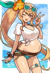 1girl ;d belt bikini blonde_hair breasts commission cowboy_shot day dragalia_lost elisanne elisanne_(summer) eyewear_on_head flower glasses green_bikini hair_flower hair_ornament highres jewelry large_breasts long_hair navel one_eye_closed open_mouth outdoors ponytail pregnant purple_eyes ring rotomdocs shirt signature smile solo swimsuit tied_shirt v very_long_hair white_shirt