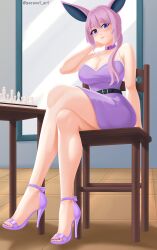 Rule 34 | 1girl, absurdres, animal ears, artist name, bare legs, belt, belt buckle, breasts, buckle, chessboard, choker, cleavage, closed mouth, collarbone, crossed legs, dress, espeon, female focus, gen 2 pokemon, high heels, highres, indoors, large breasts, looking at viewer, medium hair, nail polish, nintendo, paravet, personification, pokemon, pokemon (creature), purple choker, purple dress, purple hair, purple heels, purple nails, signature, sitting, smile, solo, thighs, toenail polish, toenails, toes, twitter username, wooden chair