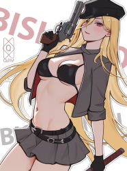 1girl absurdres belt beret bikini bishamonten_(noragami) black_belt black_bikini black_hat black_skirt blonde_hair breasts capelet character_name closed_mouth commentary copyright_name english_commentary grey_capelet gun hand_up handgun hat highres holding holding_gun holding_sword holding_weapon katana long_hair looking_at_viewer medium_breasts microskirt multiple_belts navel noragami pink_eyes quilm revolver signature skirt solo swimsuit sword very_long_hair weapon