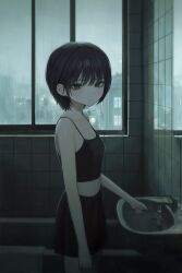 Rule 34 | 1girl, bare arms, bare shoulders, bathroom, bathtub, black camisole, black hair, black shorts, breasts, brown eyes, camisole, closed mouth, cowboy shot, expressionless, from side, highres, holding, holding toothbrush, indoors, looking at viewer, midriff, mirror, original, sakiika0513, short hair, shorts, sink, small breasts, solo, standing, tile wall, tiles, toothbrush, water drop, window
