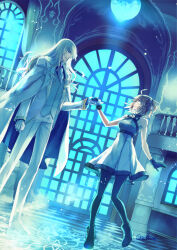 1boy 1girl 963krup ahoge arm_at_side ascot bare_shoulders black_boots black_gloves black_pantyhose black_trim blonde_hair blue_eyes blue_shirt boots brooch chaldea_logo clenched_hand coat coat_on_shoulders dress dutch_angle empire_waist eye_contact fate/grand_order fate_(series) from_side fujimaru_ritsuka_(female) fujimaru_ritsuka_(female)_(waltz_in_the_moonlight/lostroom) full_body gloves gold_trim grey_dress grey_vest hair_between_eyes hair_ornament hair_scrunchie hand_up height_difference holding_hands indoors jacket jewelry kirschtaria_wodime long_hair long_sleeves looking_at_another medium_hair night official_alternate_costume one_side_up open_clothes open_jacket orange_hair pants pantyhose parted_lips profile railing red_brooch scrunchie shirt shoes sleeveless sleeveless_dress standing sweater_guard teeth twitter_username two-sided_coat two-sided_fabric two-tone_dress upper_teeth_only vest white_ascot white_coat white_dress white_gloves white_jacket white_pants white_scrunchie white_shoes window yellow_eyes