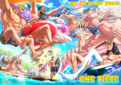 1girl 6+boys abs afloat animal arm_hair arm_up avalo_pizarro barefoot beard big_belly bikini black_hair blue_hair breasts catarina_devon chest_hair copyright_name day doc_q english_text eyewear_on_head facial_hair fat fat_man giant giant_male grey_hair hand_in_pocket highres holding holding_surfboard holding_water_gun horse huge_breasts ice innertube jesus_burgess jumping kuzan_(aokiji) lafitte_(one_piece) leg_hair long_hair long_nose looking_afar looking_at_another lying male_focus male_swimwear marshall_d._teach mask missing_tooth multiple_boys muscular muscular_male navel nipples obese on_back one_piece open_mouth outdoors outstretched_arm partially_submerged pectorals ponytail purple_hair sanjuan_wolf scar shiryuu_(one_piece) size_difference smile stomach stronger_(one_piece) summer sunglasses sunlight surfboard swim_ring swimsuit tan toes tongue tongue_out van_augur vasco_shot water water_gun white_bikini youkan_(tako)