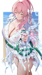 1girl bikini bikini_under_clothes blue_archive blush bow braid breasts cleavage green_eyes hair_between_eyes hair_bow halo hanako_(blue_archive) hanako_(swimsuit)_(blue_archive) highres holding holding_hose hose large_breasts long_hair long_sleeves looking_at_viewer official_alternate_costume outside_border oversized_clothes oversized_shirt pink_bikini pink_hair pink_halo see-through_clothes see-through_shirt shirt smile solo swimsuit thick_thighs thighs trinity_general_school_swimsuit water wet wet_clothes wet_shirt white_bow white_shirt yasakalv1