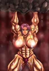 1girl abs arms_up bikini breasts extreme_muscles female_focus green_eyes haruno_sakura highres muscular naruto naruto_(series) no_bra s20k00y solo swimsuit topless_female veins