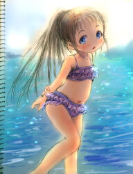 1girl arms_behind_back barefoot bikini bikini_skirt blue_eyes blush brown_hair cloud collarbone flat_chest frilled_bikini frills guma holding_own_arm loli long_hair looking_at_viewer navel ocean open_mouth original ponytail purple_bikini sky standing swimsuit water