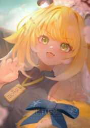 1girl :3 :d absurdres animal_ears black_shirt blonde_hair blue_sky cherry_blossoms cloud collared_shirt fang green_eyes highres ju_fufu looking_at_viewer multicolored_hair nningss open_mouth shirt skin_fang sky smile solo tiger_ears tiger_girl two-tone_hair white_hair zenless_zone_zero