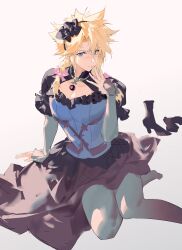 1boy absurdres anger_vein black_bow black_dress black_hairband blue_corset blue_eyes blush bow braid chang_zhao_xiao_quan cloud_strife cloud_strife_(blue_dress) corset crossdressing crossdressing_(mtf) dress final_fantasy final_fantasy_vii final_fantasy_vii_remake foot_out_of_frame frown hair_between_eyes hair_bow hairband hand_to_own_mouth highres long_dress long_hair male_focus official_alternate_costume pendant_choker pink_bow puffy_short_sleeves puffy_sleeves shoes short_sleeves sitting sketch solo spiked_hair twin_braids unworn_shoes