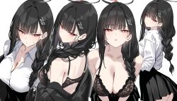 Rule 34 | 1girl, absurdres, bare shoulders, black bra, black hair, black skirt, blue archive, bra, braid, breasts, bright pupils, cleavage, collared shirt, hair ornament, hairclip, halo, highres, large breasts, long hair, looking at viewer, multiple views, parted lips, pleated skirt, red eyes, rio (blue archive), shigure s, shirt, simple background, skirt, underwear, white background, white pupils, white shirt