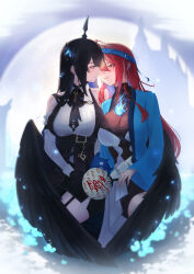 2girls absurdres bare_shoulders black_gloves black_hair blue_headband blue_jacket breasts castle cleavage clothing_cutout commentary dizzykone elizabeth_rose_bloodflame eye_contact feathered_wings garter_straps gloves hand_fan headband highres holding holding_fan hololive hololive_english jacket large_breasts long_hair looking_at_another low_wings multiple_girls nerissa_ravencroft parted_lips red_eyes red_hair shirt shoulder_cutout smile white_shirt wings yuri