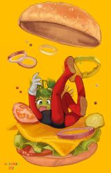 2024 artist_name avvunka blue_eyes burger dated falling food green_hair one-piece_swimsuit open_mouth original pickle salmon_girl_(avvunka) short_twintails swimsuit tail tears twintails yellow_background