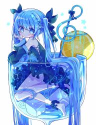 1girl bare_shoulders barefoot black_dress black_ribbon black_sleeves blue_eyes blue_hair blush closed_mouth commentary cup detached_sleeves dress drinking_glass food fruit full_body futaba969649 hair_ornament hair_ribbon hatsune_miku head_rest highres ice ice_cube in_container in_cup lemon lemon_slice long_hair looking_at_viewer ribbon simple_background sleeveless sleeveless_dress solo symbol-only_commentary twintails very_long_hair vocaloid white_background x_hair_ornament