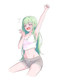 1girl absurdres arm_up armpits bare_arms bare_shoulders breasts camisole collarbone crop_top crop_top_overhang cropped_legs drawstring green_hair grey_shorts hand_up highres long_hair looking_ahead medium_breasts midriff navel one_eye_closed open_mouth purple_eyes shirt short_shorts shorts shuturmouth_64 simple_background sleeveless sleeveless_shirt solo stellive stomach strap_slip tearing_up thighs very_long_hair virtual_youtuber waking_up white_background white_shirt yuzuha_riko
