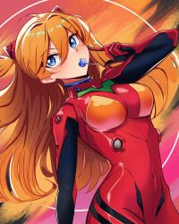 1girl alternate_breast_size blue_eyes bodysuit breasts brown_hair candy covered_navel cowboy_shot curvy dinoomar eyepatch floating_hair food highres lollipop lollipop_in_mouth long_hair looking_at_viewer mecha_pilot_suit medium_breasts neon_genesis_evangelion plugsuit_(evangelion) red_bodysuit signature simple_background skin_tight solo souryuu_asuka_langley very_long_hair wide_hips