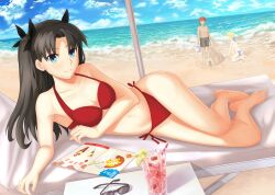 Rule 34 | 1girl, 2girls, absurdres, andychen662000, artoria pendragon (fate), barefoot, beach, beach towel, bikini, black hair, blue eyes, blue sky, breasts, cloud, collarbone, cup, day, drink, drinking straw, emiya shirou, fate/stay night, fate (series), food, fruit, full body, highres, lime (fruit), lime slice, long hair, lying, male swimwear, medium breasts, multiple girls, navel, ocean, on side, outdoors, parted lips, red bikini, saber (fate), sand, sand castle, sand sculpture, side-tie bikini bottom, sky, stomach, strawberry, sunglasses, swim trunks, swimsuit, thighs, tohsaka rin, towel, unworn eyewear, very long hair, water, white bikini