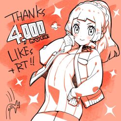 1girl blunt_bangs blush braid brigette_(pokemon) brigette_(pokemon)_(cosplay) closed_mouth cosplay cowboy_shot creatures_(company) dress eyelashes game_freak hand_on_own_hip hand_up highres jacket kinocopro lillie_(pokemon) long_hair long_sleeves looking_at_viewer milestone_celebration nintendo open_clothes open_jacket orange_background pokemon pokemon_bank pokemon_sm ponytail ponytail_with_braided_base puff_of_air short_dress smile solo sparkle sweater sweater_dress thank_you