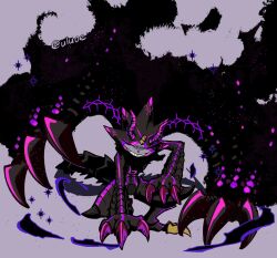 1other black_scales black_skin broken_horn cape claws closed_eyes colored_skin digimon digimon_(creature) digimon_ghost_game evil_grin evil_smile full_body gore_magala grey_background grin gulusgammamon hand_on_ground hand_on_leg highres horns monster_hunter_(series) nebula neon_trim no_humans on_one_knee sharp_teeth smile solo tail teeth twitter_username uluoe