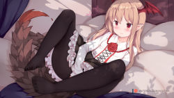 10s 1girl bad_id bad_pixiv_id bed bed_sheet black_pantyhose black_skirt blonde_hair blush feet female_focus flower granblue_fantasy head_wings highres long_hair lying no_shoes nyatrix on_back pantyhose patreon_username pointy_ears red_eyes red_flower red_rose rose shingeki_no_bahamut skirt solo tail toes vampy wings